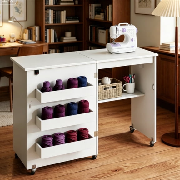 Folding Sewing Table with Charging Station & Beginner Mini Sewing Machine Set Mobile Craft Workstation with Storage Shelves and Lockable Casters White