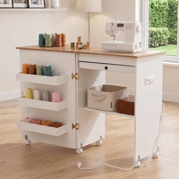 Folding Sewing Table with Charging Station, Rolling Sewing Machine Craft Table with Storage Trays and Shelf, Foldable Sewing Cabinet Desk with Lockable Wheels for Small Spaces (Natural Wood & White)