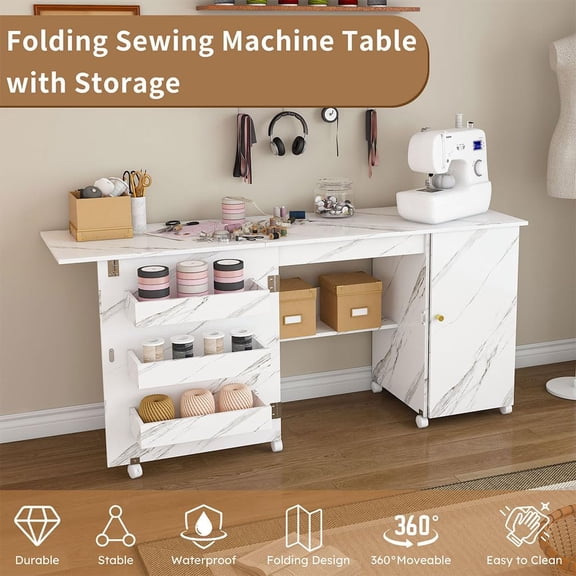 Folding Sewing Table with Drop-Leaf Desktop & Storage, Rolling Craft Station with Adjustable Shelf, 8 Locking Casters, Magnetic Doors & 165 lb Capacity, Space-Saving Sewing Machine Cabinet