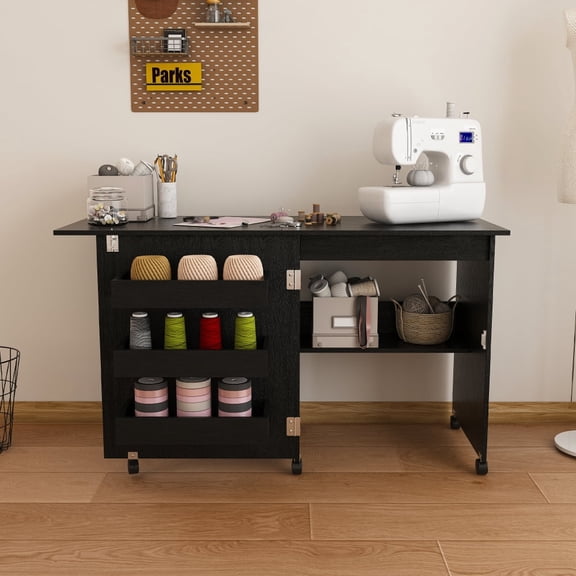 Folding Sewing Table with Lockable Wheels, 4-in-1 Multi-Functional Craft Station Desk with 4 Storage Shelves, Rolling Sewing Machine Table for Apartments, Black