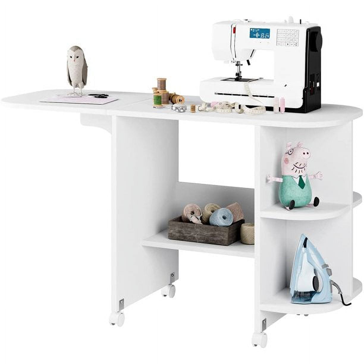 Homfa Folding Sewing Machine Table with Cabinet, 63 Inch Multipurpose Large  Sewing Craft Cart with Storage Shelves, Sewing Desk with Lockable Casters