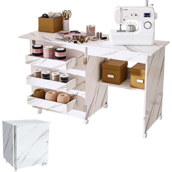 Folding Sewing Table, Multifunctional Craft Desk with Storage Shelves and Lockable Wheels, Rolling Sewing Cabinet for Sewing Machine for Home, Bedroom, Small Spaces