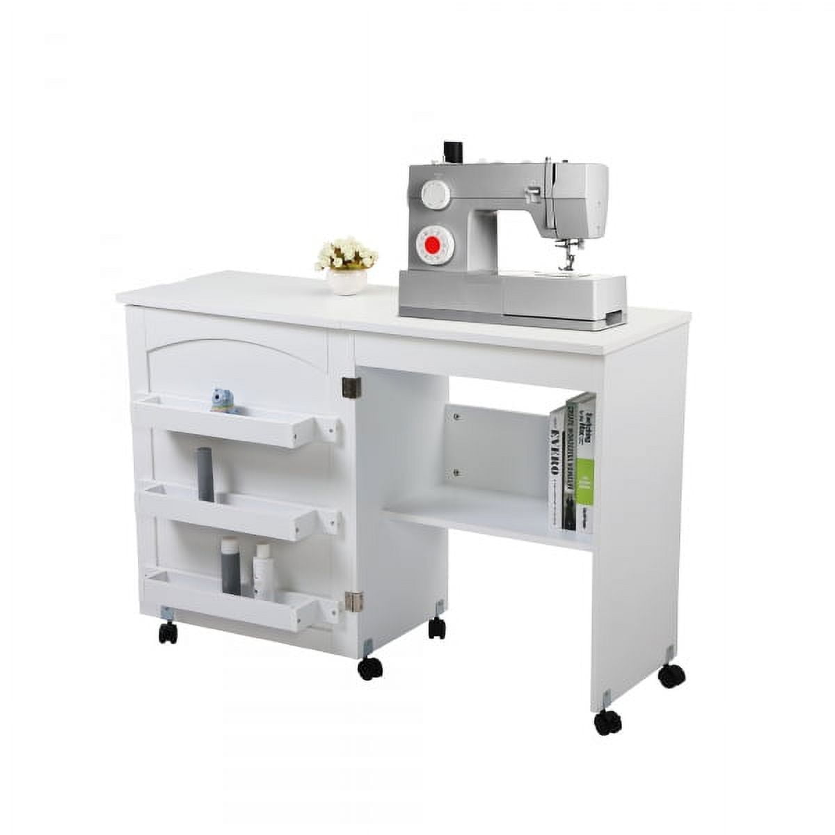 Usinso Folding Sewing Table Multifunctional Sewing Machine Cart Table Sewing Craft Cabinet Table with Storage Shelves Portable Rolling Sewing Desk