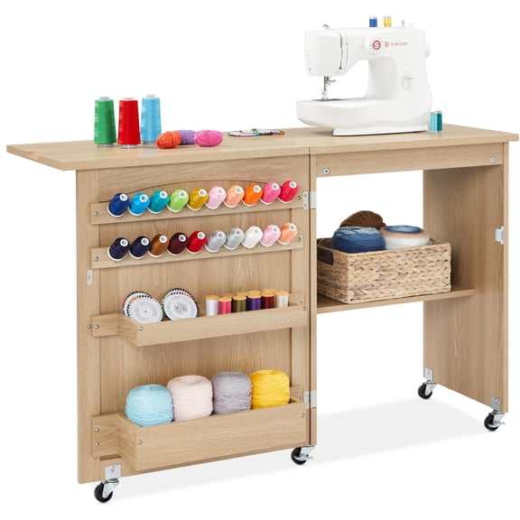 Folding Sewing Table Multipurpose Craft Station Cabinet Rolling Desk With Storage Shelves Bins Pegs Lockable Wheels Light Brown