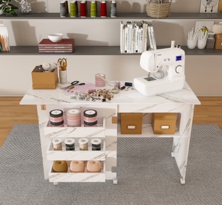 Folding Sewing Table, Multipurpose Craft Station Side Desk with Compact Design, Rolling Sewing Machine Table with 4 Storage Shelves, Sewing Cabinet with 5 Wheels