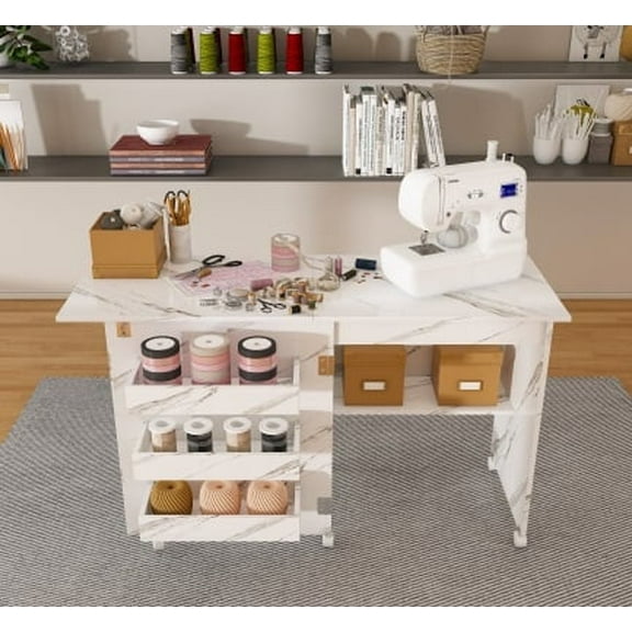 Folding Sewing Table, Multipurpose Craft Station Side Desk with Compact Design, Rolling Sewing Machine Table with 4 Storage Shelves, Sewing Cabinet with 5 Wheels