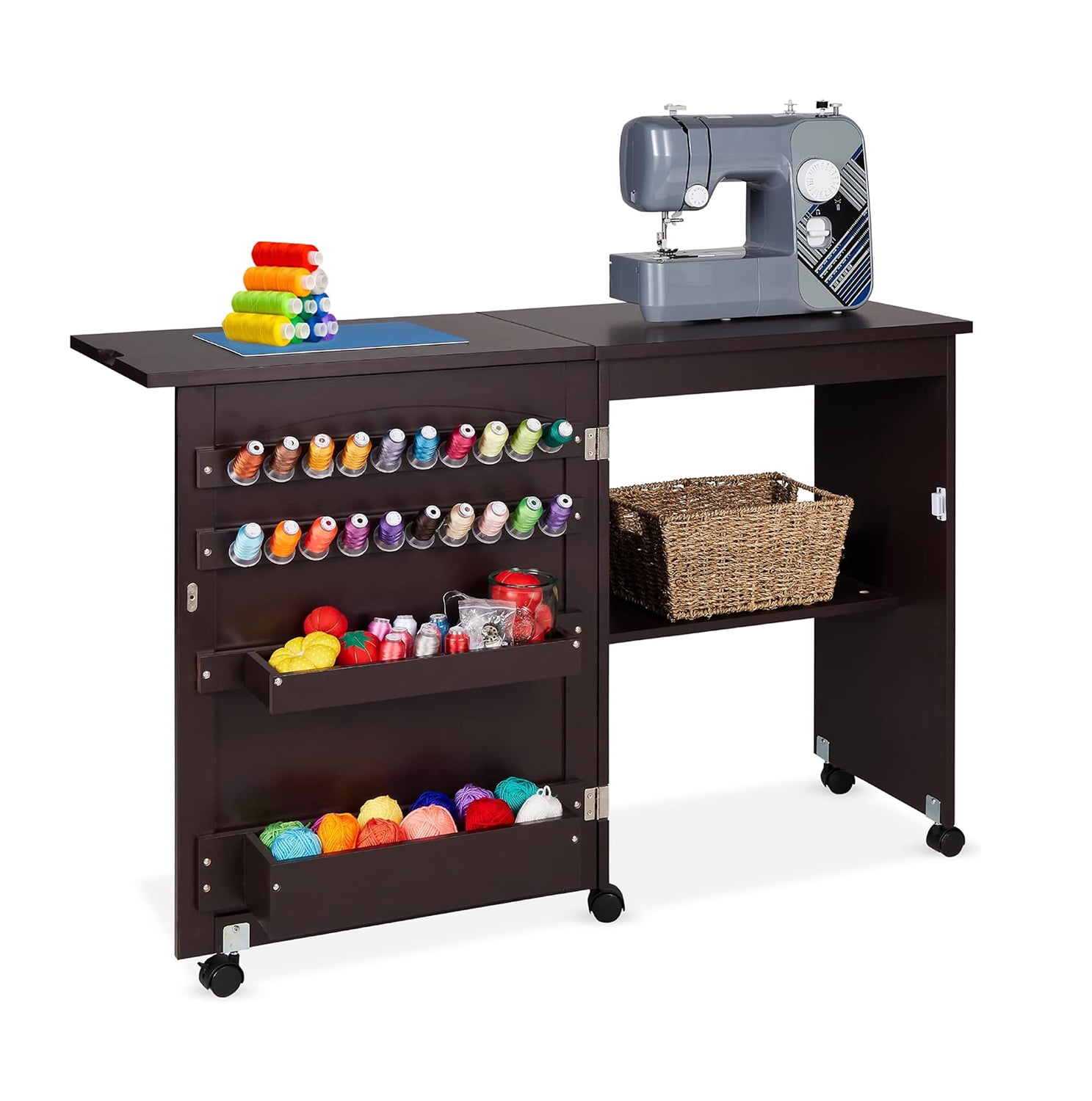 Flrrtenv Folding Sewing Table Multipurpose Craft Station & Side Desk With Compact Design, Wheels, Shelves, Bins, Pegs, Magnetic Doors, Metal Doorknobs - Natural