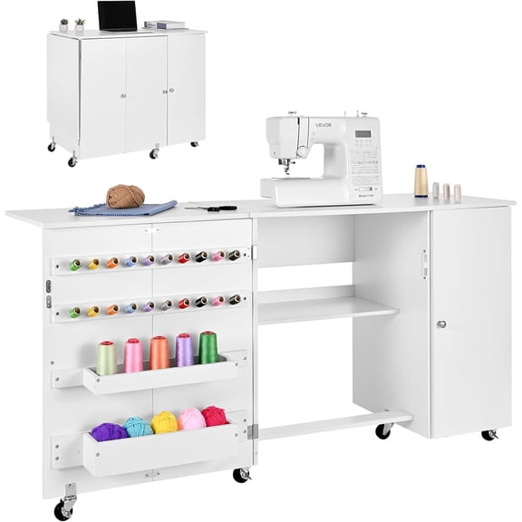 Folding Sewing Table, Multipurpose Sewing Machine Table with Cabinet, Compact Design, Wheels, Wooden Pegs, Storage Trays and Shelf, Magnetic Door, Craft Station and Side Desk for Home, White