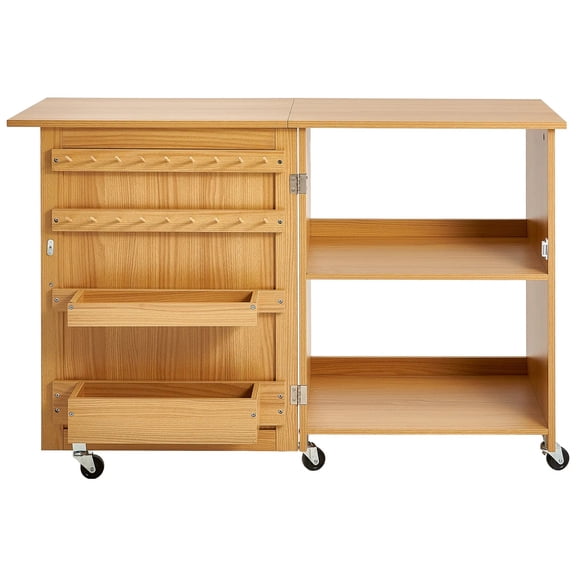 Folding Sewing Table, Multipurpose Sewing Machine Table with Compact Design, Wheels, Shelves, Storage Trays, Wooden Pegs, and Magnetic Doors, Sewing Desk Cabinet for Sewing Machine, Wood Color
