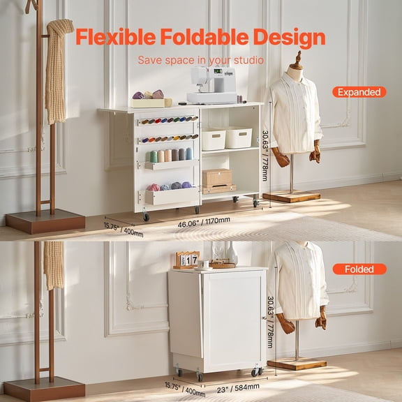 Folding Sewing Table,Multipurpose Sewing Machine Table with Compact Design,Wheels,Shelves,Storage Trays,Wooden Pegs,and Magnetic Doors,Sewing Desk Cabinet for Sewing Machine,White
