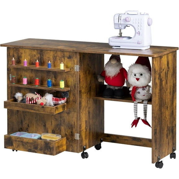 Folding Sewing Table, Multipurpose Sewing Machine Table with Compact Design, Wheels, Shelves, Bins, Pegs, Magnetic Locks (Rustic-Brown)