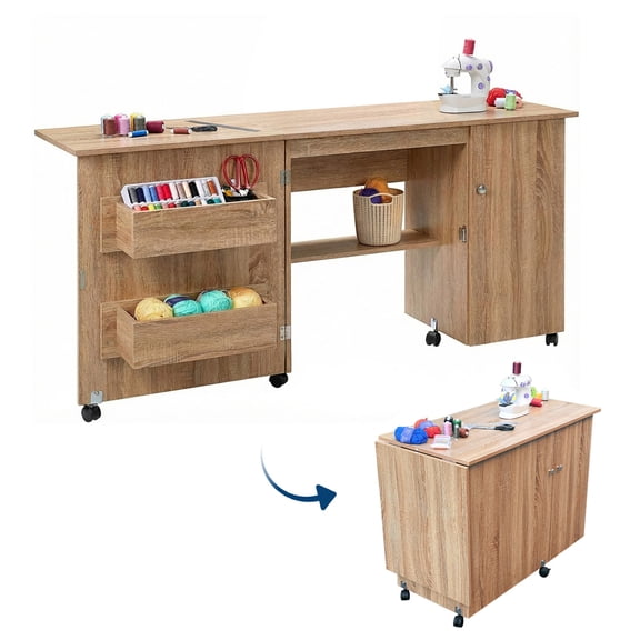 Folding Sewing Table for Office - Multipurpose Portable Sewing Machine Desk with Storage Shelves, Lockable Wheels, Magnetic Doors - Compact Craft Station - Natural Wood, Yellow