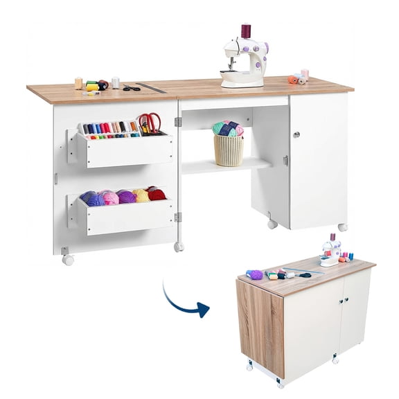 Folding Sewing Table for Office - Multipurpose Sewing Machine Desk with Storage Shelves, Trays, Lockable Wheels - Compact Craft Workstation with Magnetic Doors - White