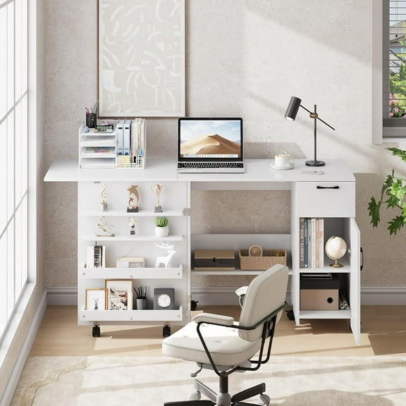 Folding Sewing Table,Sewing Cabinet with Sliding Drawer,Storage Shelves,Craft Cart Craft Station Desk with Lockable Casters,Multipurpose Craft Station for Sewing Machine for Home,Bedroom