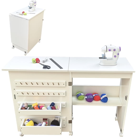 Folding Sewing Table, Sewing Machine Table with Wheels, Storage Shelves, Trays, Wooden Pegs, Magnetic Door Catch, Portable Craft Station Side Desk, Compact Design