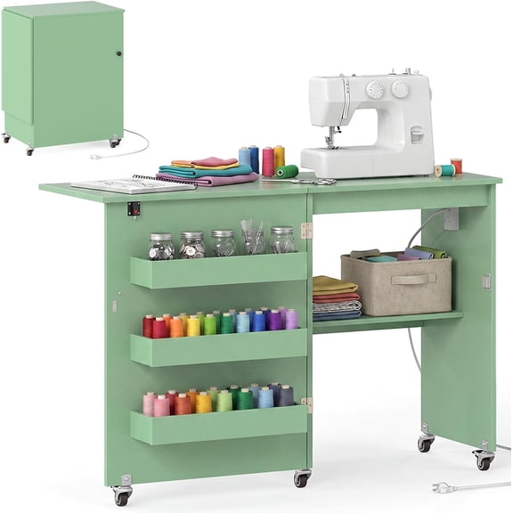Folding Sewing Table with Storage, Craft Table w/ Station, 5 Lockable Wheels, Storage Bins & Shelf, Sewing Machine Desk for Office, Apartment, Studio (Green)