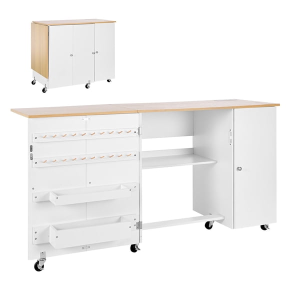 Folding Sewing Table with Cabinet Charging Station Storage Trays Wheels Compact Craft Desk