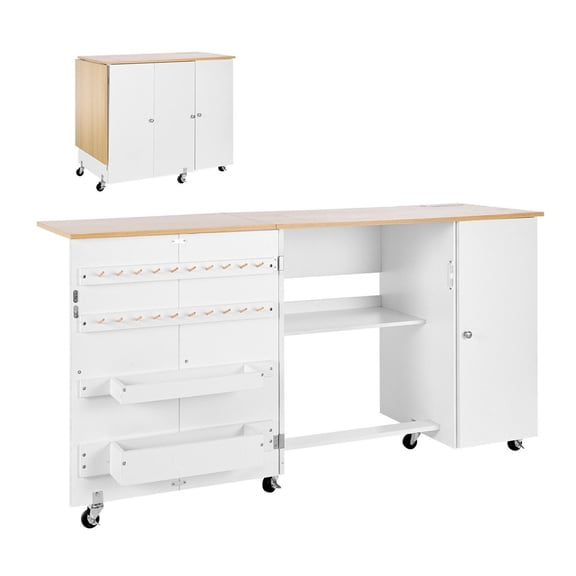 Folding Sewing Table with Storage, Multipurpose Craft Station - Compact Desk with Wheels & Charging Station