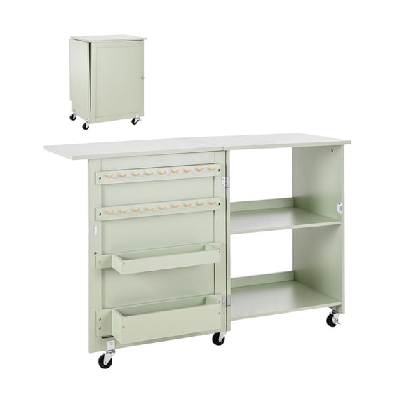 Folding Sewing Table with Storage, Multipurpose Craft Station Desk, Wheels & Pegs - Light Green