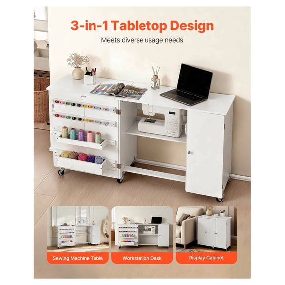 Folding Sewing Table with Storage, Multipurpose Craft Table with Wheels, Compact Sewing Machine Cabinet, Wooden Pegs, White