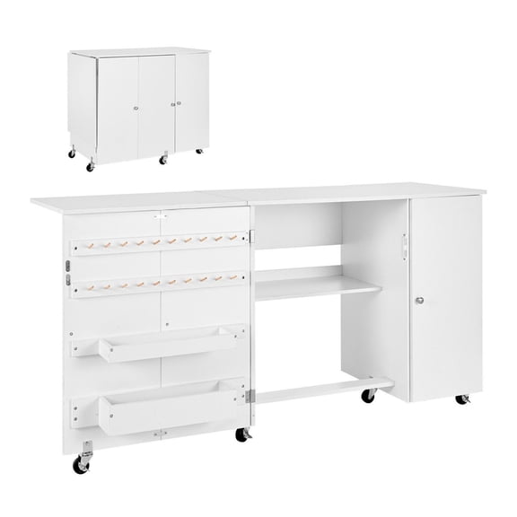 Folding Sewing Table with Storage, Multipurpose Craft Table with Wheels, White Sewing Machine Cabinet, Compact Foldable Desk with Shelves & Pegs