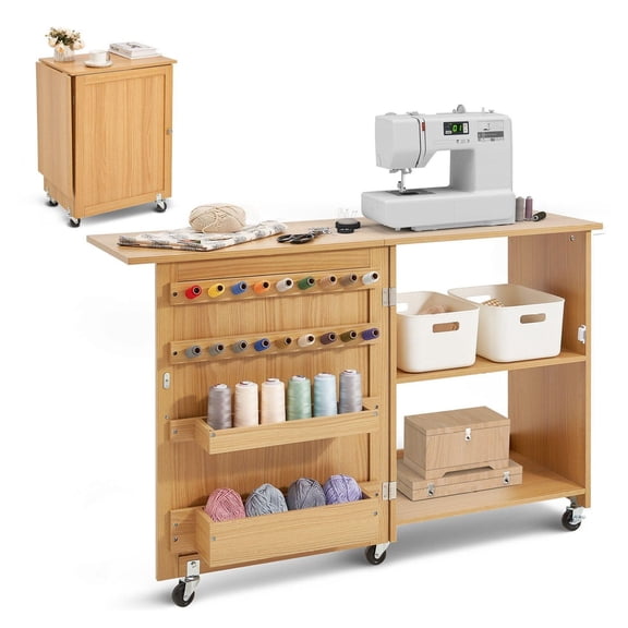 Folding Sewing Table with Storage, Sewing Machine Cabinet, Multipurpose Desk with Wheels & Shelves, Wood Color