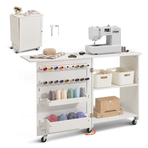 Folding Sewing Table with Storage, White - Multipurpose Sewing Machine Desk with Wheels, Shelves & Trays - Compact Sewing Cabinet