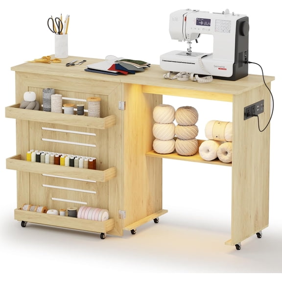 Folding Sewing Table with Storage and Charging Station, Farmhouse Sewing Cabinet with Motion Sensor Lights, 3 Storage Trays and 6 Wheels, Natural