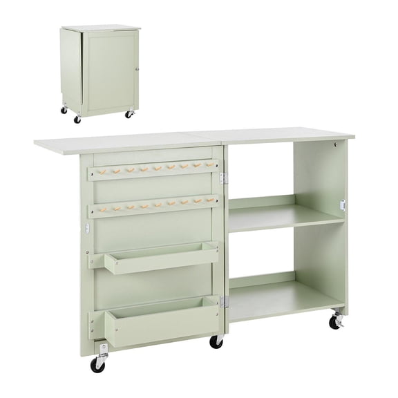 Folding Sewing Table with Wheels Storage Shelf Compact Craft Station Light Green
