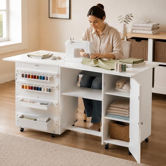 Folding Sewing Table, with cabinet, storage trays, wheels, shelf, for home craft station, white