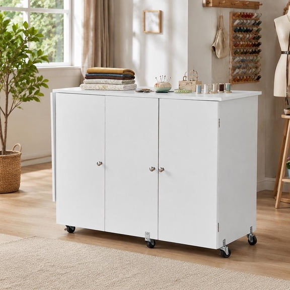 Folding Sewing Table, with cabinet, storage trays, wheels, shelf, for home craft station, white