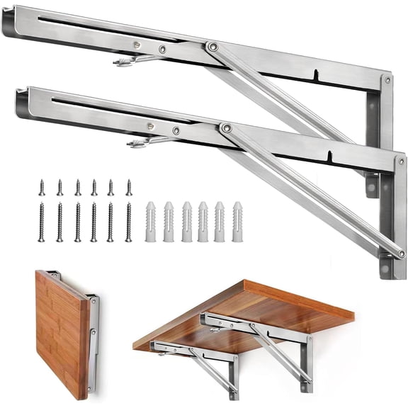 Folding Shelf Brackets - 10 Inch Heavy Duty Stainless Steel Collapsible Shelf Bracket for Bench Table, Space Saving DIY Bracket (4PCS)