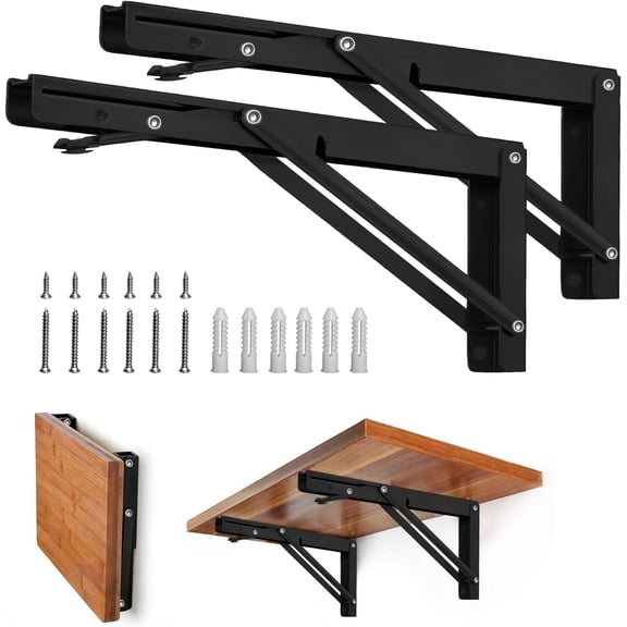 Folding Shelf Brackets - 12 Inch Heavy Duty Metal Collapsible Shelf Bracket for Bench Table, Shelf Hinge Wall Mounted Space Saving DIY Bracket, Max Load: 150 lb (2PCS, Black)