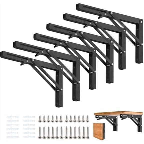 Folding Shelf Brackets - 16 Inch 6 Packs Heavy Duty Metal Collapsible Shelf Bracket, DIY Wall Mounted Foldable Shelf Bracket, Space Saving for Bench Table