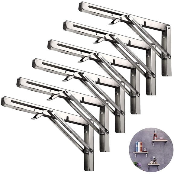 Folding Shelf Brackets 16 Inch, Heavy Duty Stainless Steel Collapsible Hinges Wall Mounted Angle L Bracket for Floating Shleves DIY Foldable Work Bench Table Desk - 6 Pack