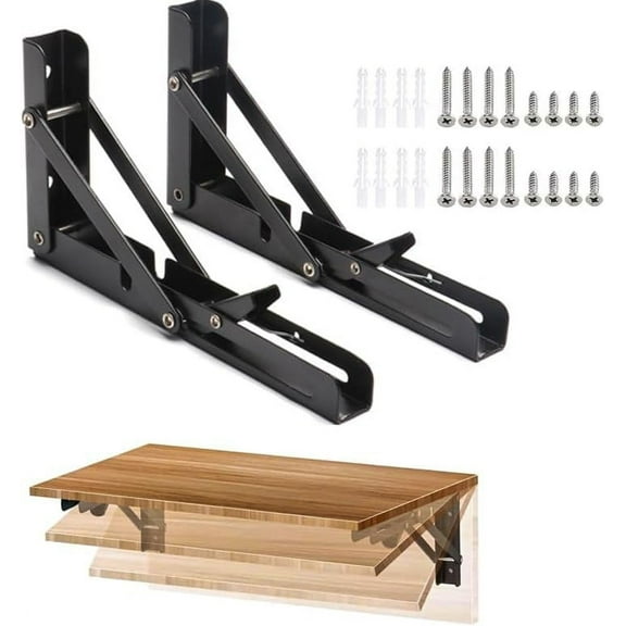Folding Shelf Brackets, 2 Pcs Heavy Duty Collapsible Shelf Bracket, DIY Wall Mounted Folding Table Hinge, Space Saving for Bench Table with Screws (Black, 10 in)