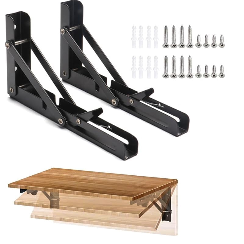 Folding Shelf Brackets, 2 Pcs Heavy Duty Collapsible Shelf Bracket, DIY Wall Mounted Folding Table Hinge, Space Saving for Bench Table with Screws (Black, 10 in)