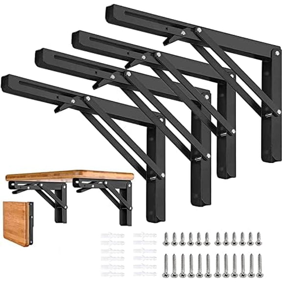 Folding Shelf Brackets 24 inch 4 Pcs - DIY Wall Mounted Shelf Bracket for Garage Workstation, Stuff Supports, Plant Stand - Heavy Duty Metal Collapsible Floating Shelf Bracket Black