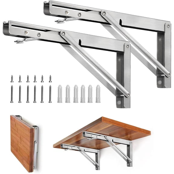 Folding Shelf Brackets - 8 Inch Heavy Duty Stainless Steel Collapsible Shelf Bracket for Bench Table, Space Saving DIY Bracket, Max Load: 550lb