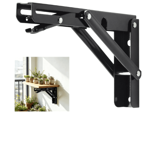 Folding Shelf Brackets, Heavy Duty Black Steel Collapsible L Brackets for DIY Countertop, Garage and RV Extension