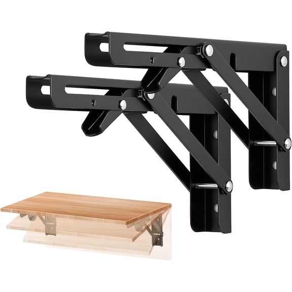 Folding Shelf Brackets, Heavy Duty Collapsible Wall-Mounted Brackets for Tables and Benches, Space-Saving Foldable Shelf Support, Matte Black Finish (6PCS)