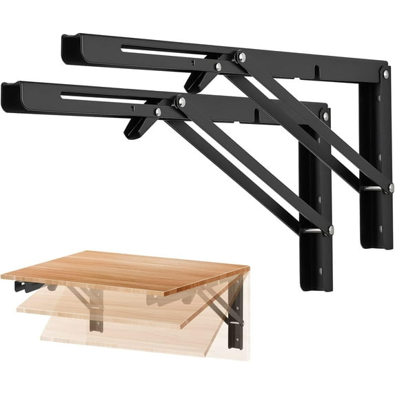 Folding Shelf Brackets - Heavy Duty Shelf Brackets Matte Black 16 Inch Collapsible Shelf Brackets, Folding Bracket for Table Bench, Space Saving for Bench Table 2 Pack