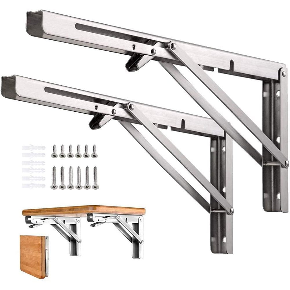 Folding Shelf Brackets Heavy Duty, Space Saver For Bench Table, Wall Mounted Triangle Shelf Bracket Supports Up To 660 Lb, Scratch Resistant Stainless Steel With Locking Hinges