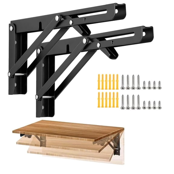Folding Shelf Brackets Max. Load 580 lb, 16 Inch Black Collapsible Heavy Duty Brackets for Table Bench - Space Saving, 2 Pack