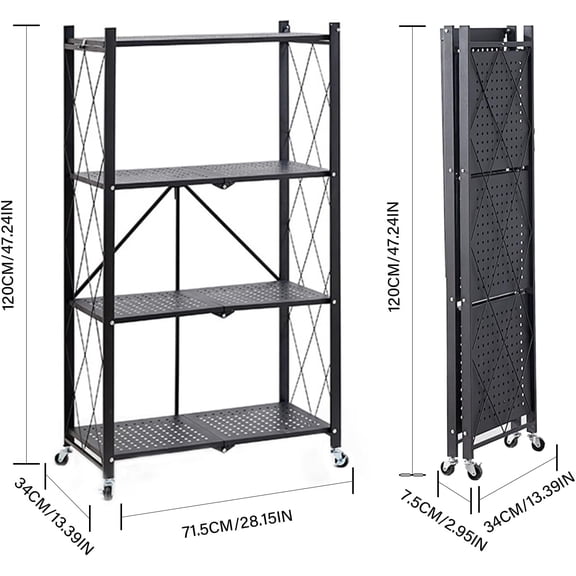 Folding Shelf Foldable Shelves with Wheels - Folding Shelves No Assembly , Collapsible Shelf Unit Display, Kitchen Organizers and Storage, Pop Up Heavy Duty Rack , 4-Tier Black 28"D x 14"W x 49"H