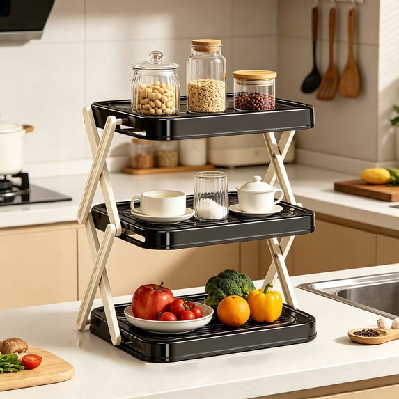 Folding Shelf Organizer For Kitchen Counter, Synthetic Foldable Storage Rack For Dishes And Pantry, Foldable Shelf For Cabinet And Countertop, Black