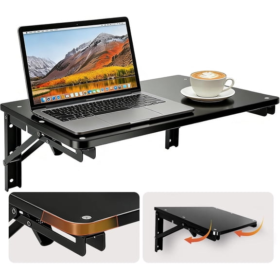 Folding Shelf Wall Mounted for Small Space, Black Wall Table for Living Room Bedroom Decor, Home Office Floating Fold Down Desk, Media Shelves with Heavy, 16.5"*11.8"