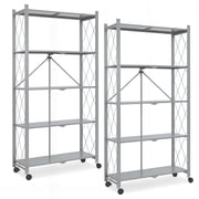 Folding Shelf on Wheels 5-Tier , Freestanding Metal Wire Storage Rack for Pantry Kitchen Garage, No Assembly Rolling Shelves Unit Gray-2Pack