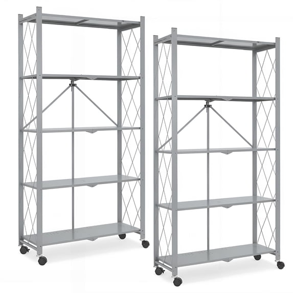 Folding Shelf on Wheels 5-Tier , Freestanding Metal Wire Storage Rack for Pantry Kitchen Garage, No Assembly Rolling Shelves Unit (Gray-2Pack)