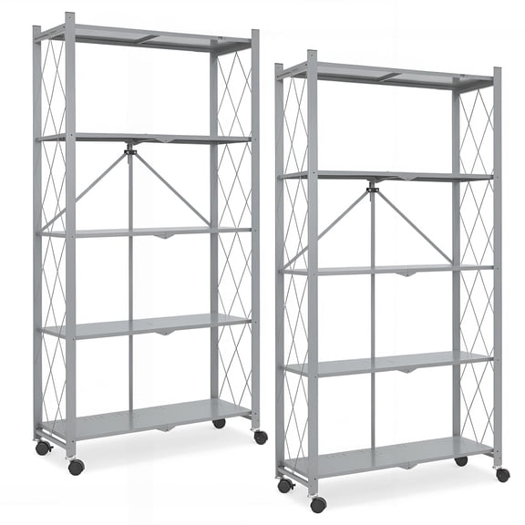 Folding Shelf on Wheels 5-Tier , Freestanding Metal Wire Storage Rack for Pantry Kitchen Garage, No Assembly Rolling Shelves Unit (Gray-2Pack)